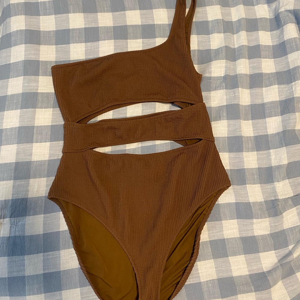 Aerie Brown One-Shoulder Cutout One Piece - Picture 4 of 4
